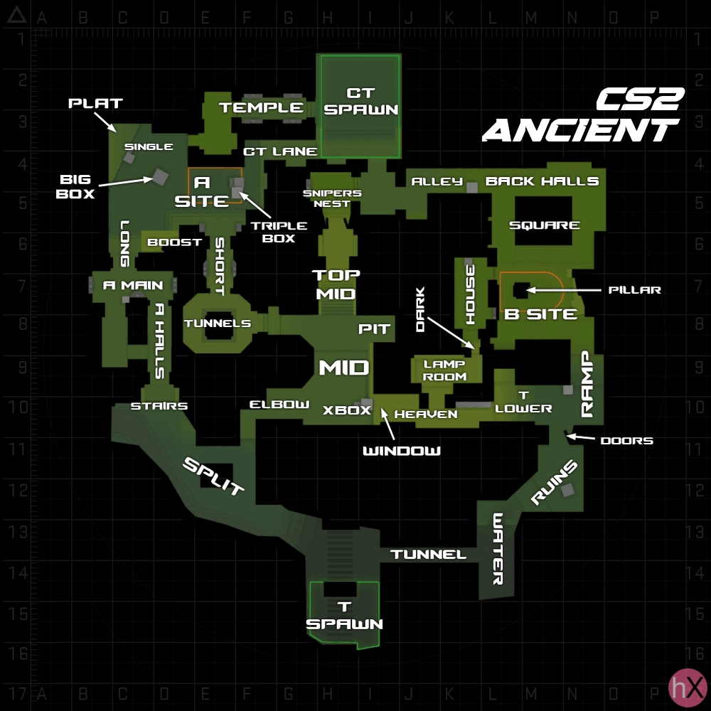 Позиции и обозначения карты Ancient в CS2 на подробной схеме