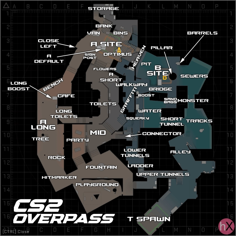 Позиции и обозначения карты Overpass в CS2 на подробной схеме