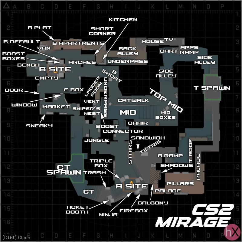 Позиции и обозначения карты Mirage в CS2 на подробной схеме