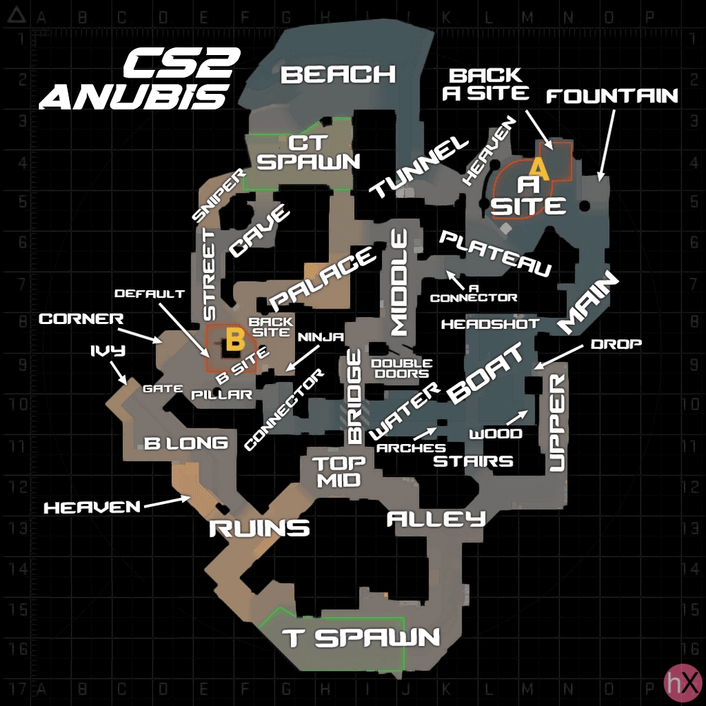 Позиции и обозначения карты Anubis в CS2 на подробной схеме