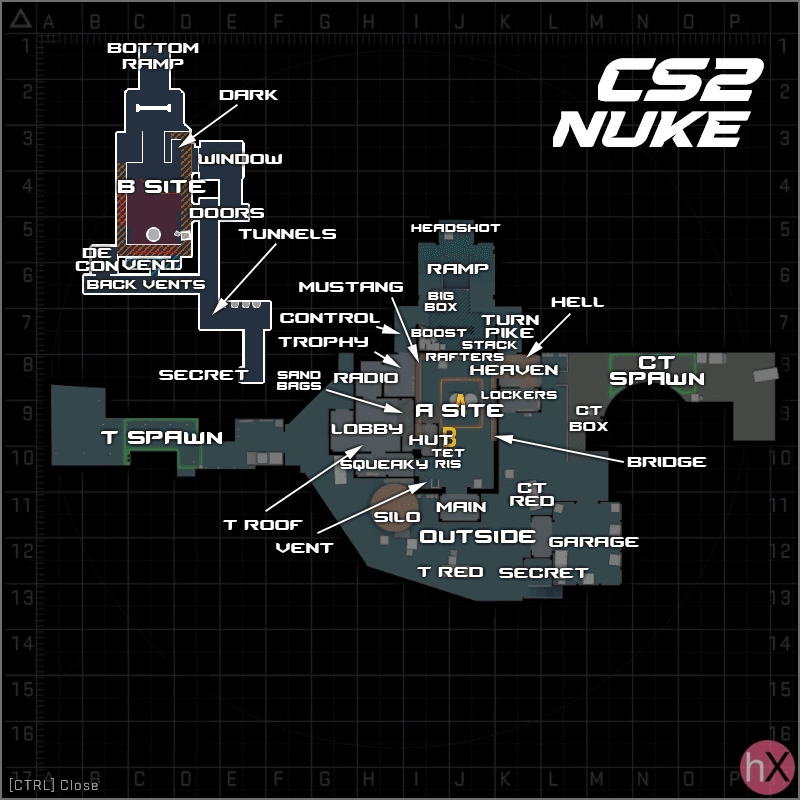 Позиции и обозначения карты Nuke в CS2 на подробной схеме