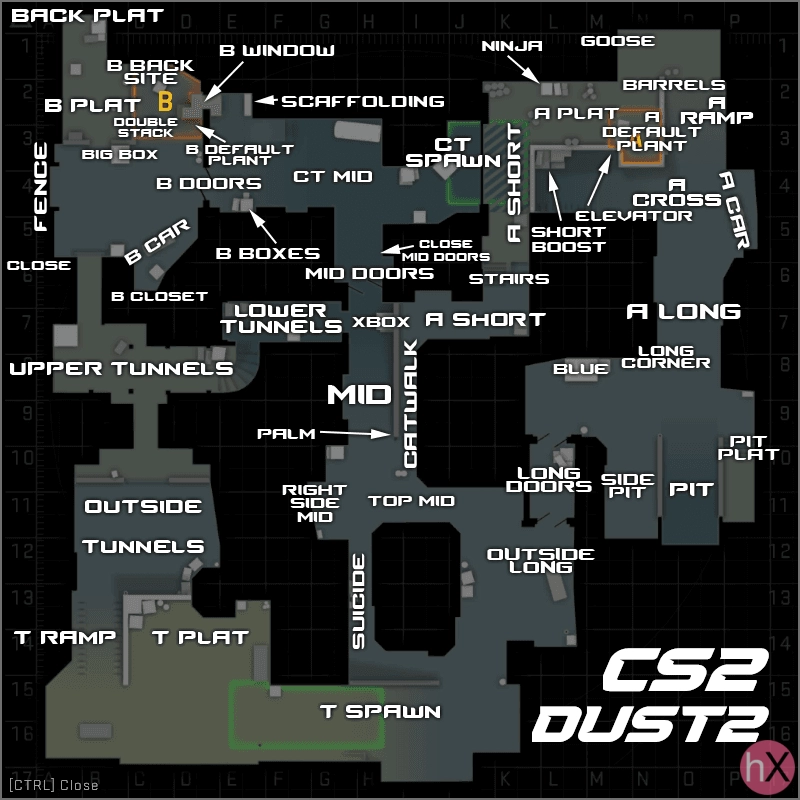 Позиции и обозначения карты Dust2 в CS2 на подробной схеме