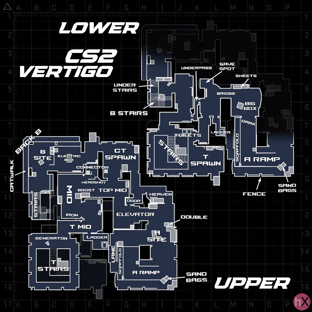Позиции и обозначения карты Vertigo в CS2 на подробной схеме