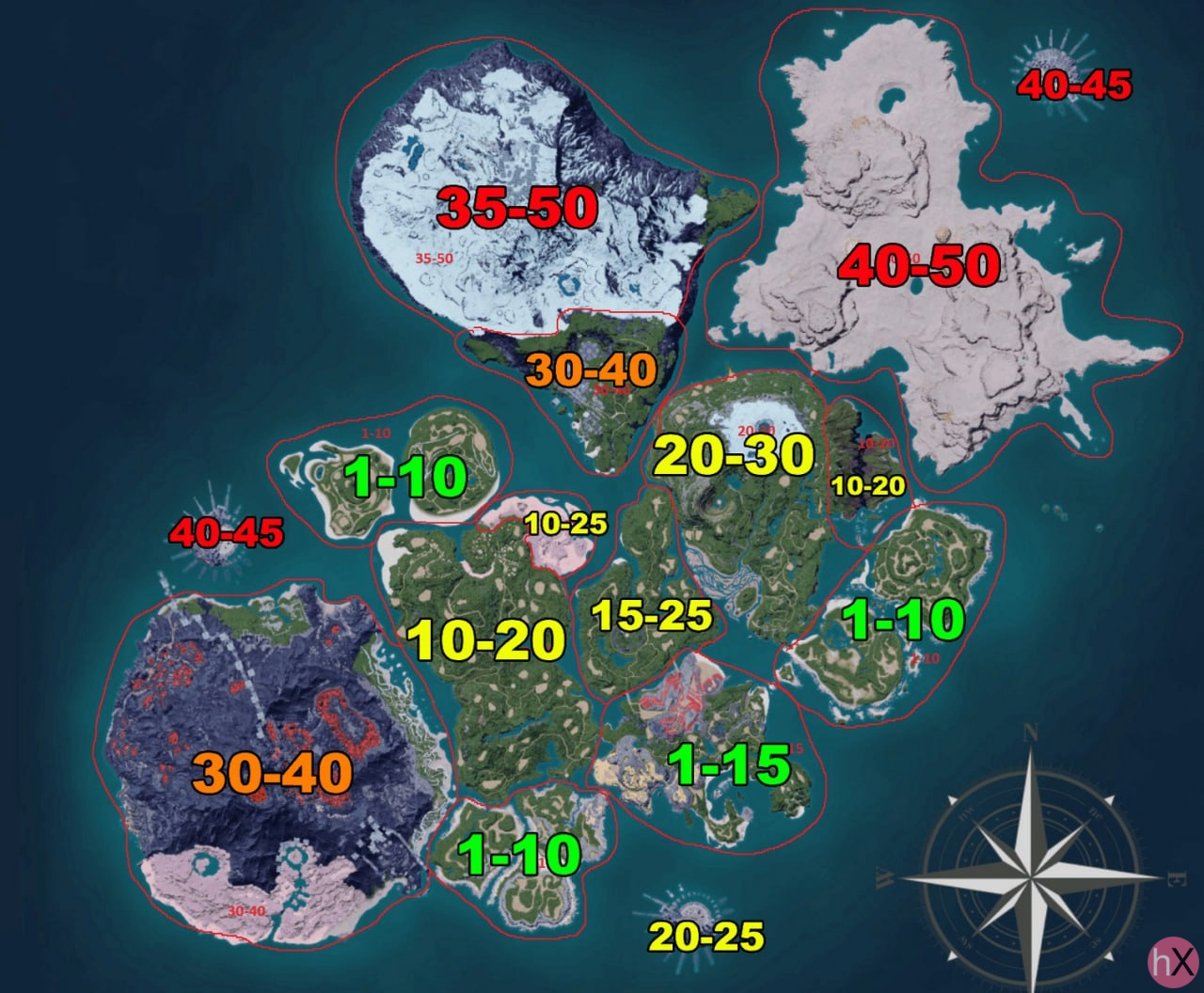Карта Palworld с уровнем существ, зоны вражеского уровня